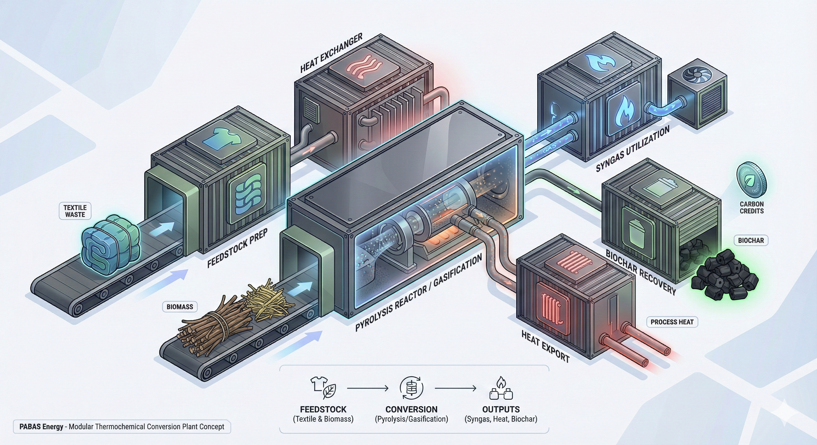 Illustration of a modular plant converting textile waste and biomass.